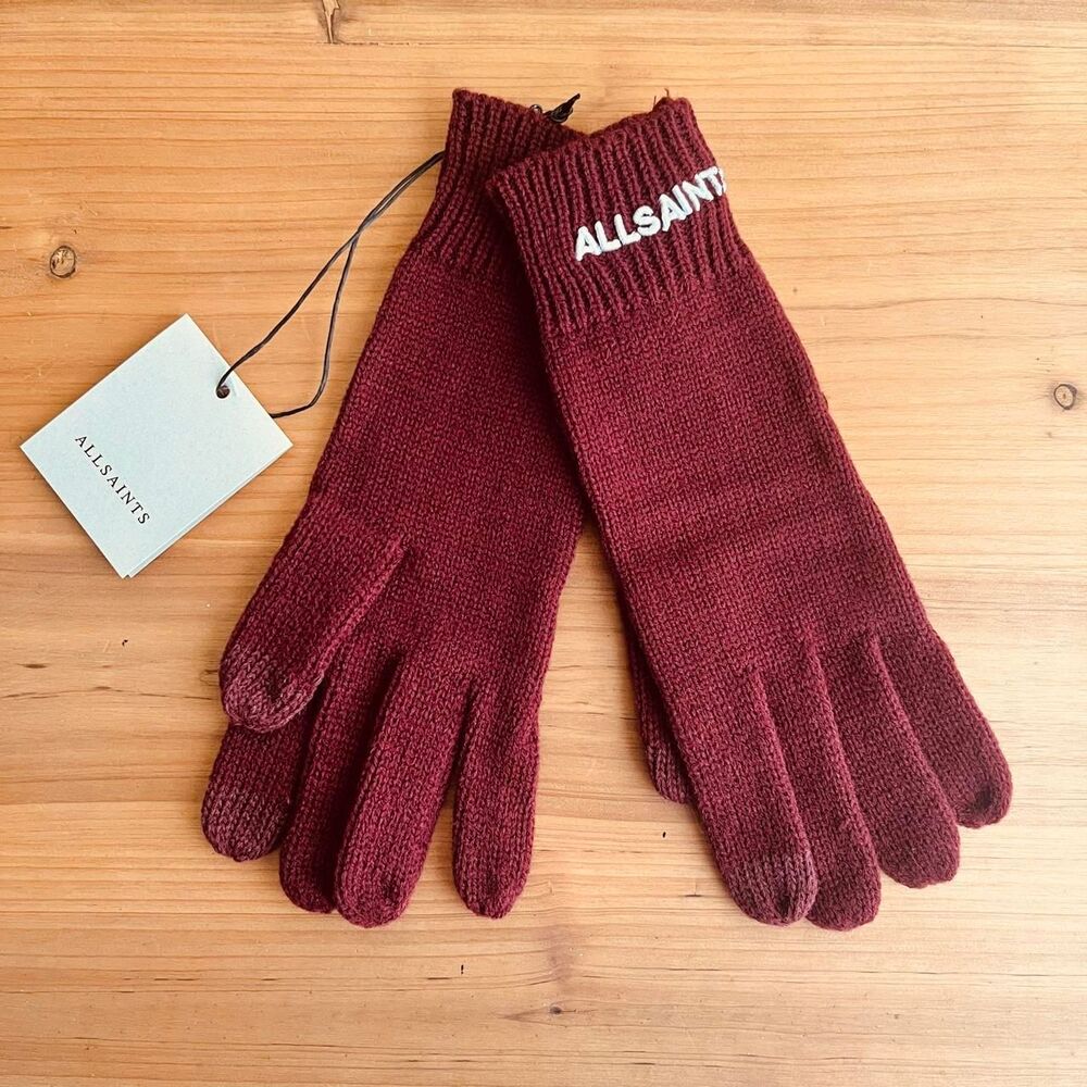 AllSaints Gloves Women's New Burgundy Knit Wool Blend Classic Neutral Winter